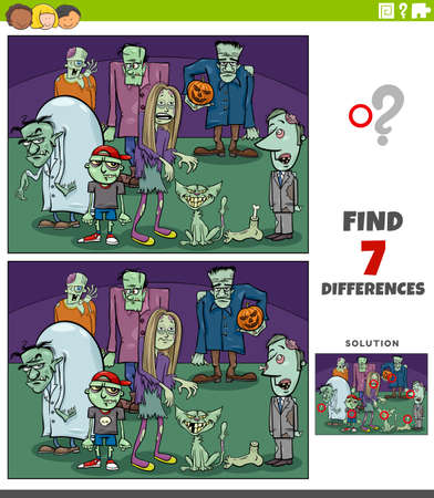 Cartoon illustration of finding the differences between pictures educational game for children with comic zombie charactersのイラスト素材