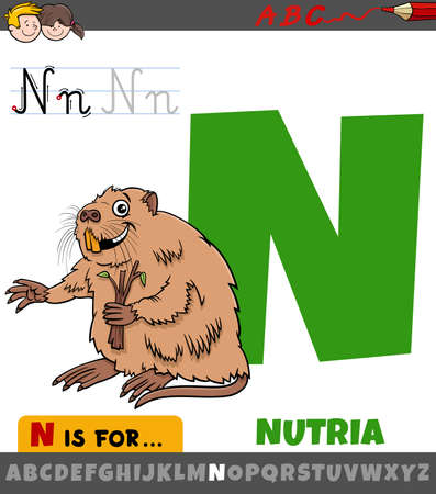 Educational cartoon illustration of letter N from alphabet with nutria animal characterのイラスト素材