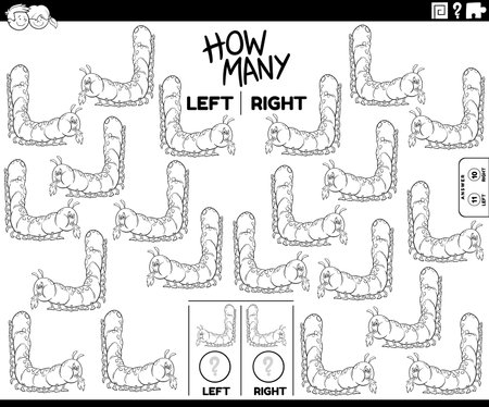 Black and white cartoon illustration of educational task of counting left and right oriented pictures of caterpillar insect animal character coloring book pageのイラスト素材