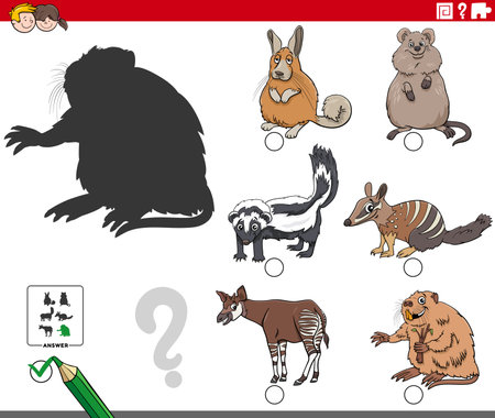 Cartoon illustration of finding the right picture to the shadow educational task for children with funny animal charactersのイラスト素材