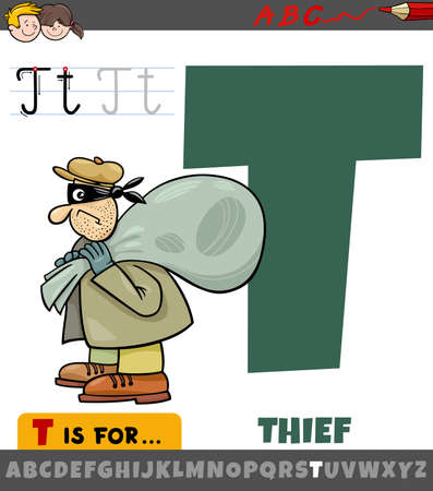 Educational cartoon illustration of letter T from alphabet with thief characterのイラスト素材