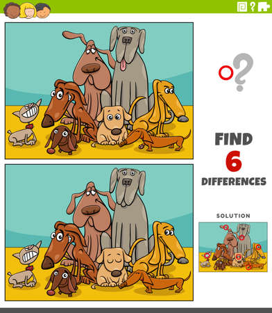 Cartoon illustration of finding the differences between pictures educational game for kids with dogs animal characters groupのイラスト素材