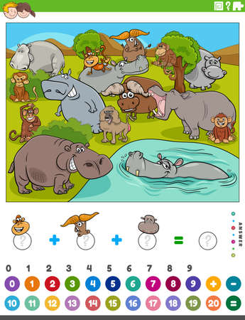 Cartoon illustration of educational mathematical counting and addition game for children with hippopotamuses and buffalos and monkeysのイラスト素材