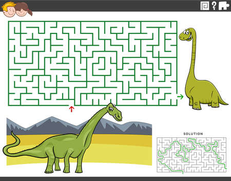 Cartoon illustration of educational maze puzzle game for children with funny dinosaurs charactersのイラスト素材