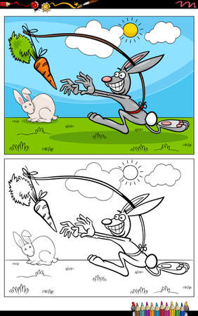 Cartoon illustration of dangle a carrot saying or proverb with rabbit comic character coloring book pageのイラスト素材