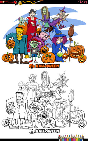 Cartoon illustration of Halloween spooky characters group coloring book pageのイラスト素材