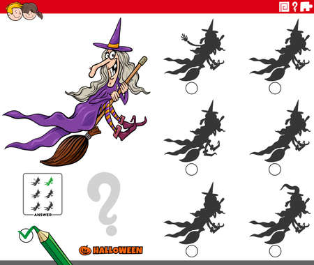 Cartoon illustration of finding the shadow without differences educational game for children with witch on broom Halloween characterのイラスト素材