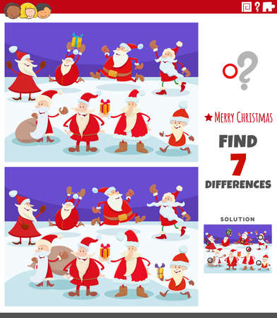Cartoon illustration of finding differences between pictures educational activity for children with Santa Claus characters on Christmas timeのイラスト素材