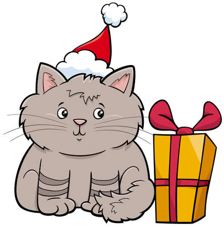 Cartoon illustration of cat or kitten animal character with present on Christmas timeのイラスト素材