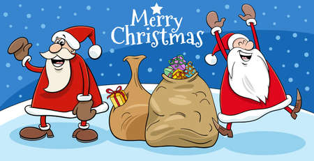 Greeting card cartoon illustration of Santa Claus characters with sacks of presents on Christmas timeのイラスト素材