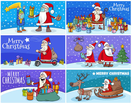 Cartoon illustration of Christmas greeting cards set with Santa Claus charactersのイラスト素材