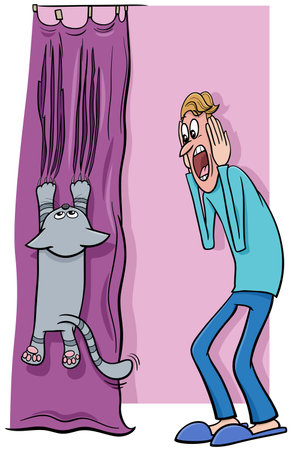 Cartoon illustration of cat hanging on curtain and his terrified ownerのイラスト素材