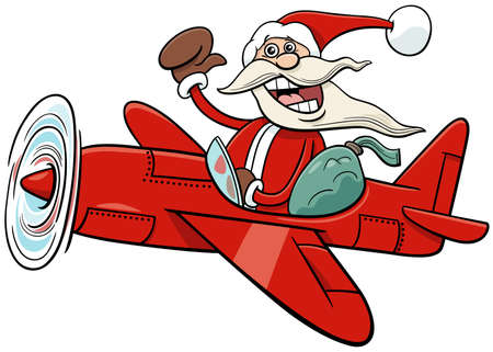 Cartoon illustration of Santa Claus character in the plane with sack of presents on Christmas timeのイラスト素材