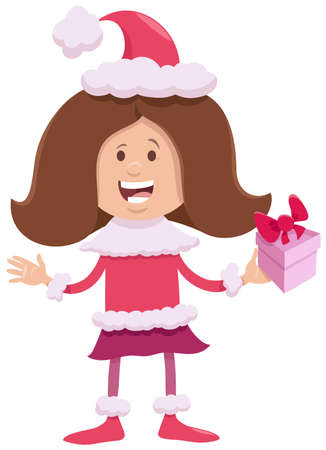 Cartoon Illustration of girl in Santa Claus costume with Christmas presentのイラスト素材