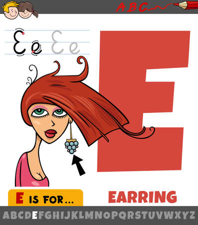 Educational cartoon illustration of letter E from alphabet with earring jewelry objectのイラスト素材