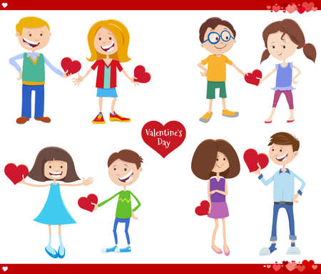 Greeting card cartoon illustration set with girls and boys in love with heart on Valentines Day holidayのイラスト素材