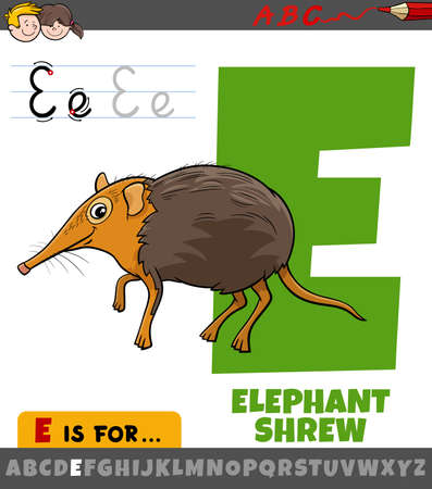 Educational cartoon illustration of letter E from alphabet with elephant shrew animal characterのイラスト素材