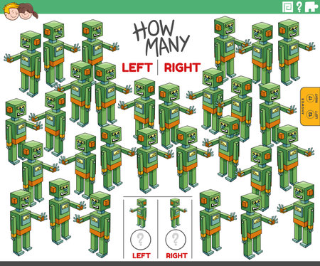 Cartoon illustration of educational task of counting left and right oriented pictures of funny robot characterのイラスト素材