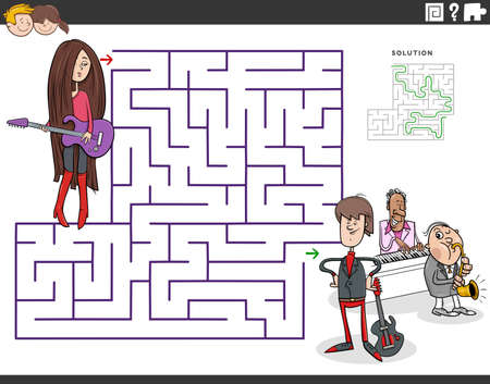 Cartoon illustration of educational maze puzzle game for children with girl and guitar and music bandのイラスト素材