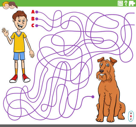 Cartoon illustration of lines maze puzzle game with comic boy character and his dogのイラスト素材