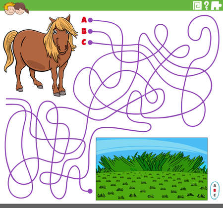 Cartoon illustration of lines maze puzzle game with comic horse farm animal character and pastureのイラスト素材