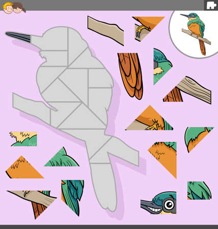 Cartoon illustration of educational jigsaw puzzle game for children with jacamar bird animal characterのイラスト素材