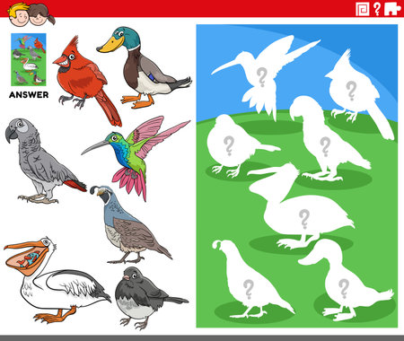 Cartoon illustration of match pictures and the right shape or silhouette with birds animal characters educational game for childrenのイラスト素材