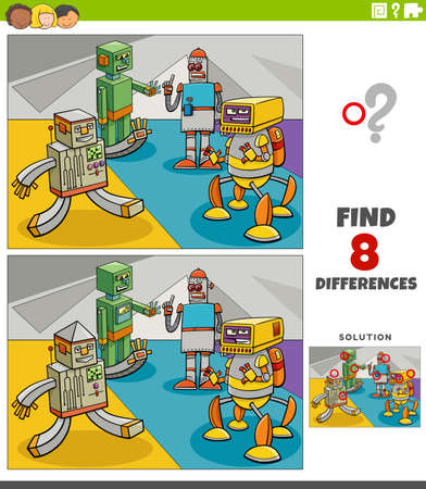 Cartoon illustration of finding the differences between pictures educational game for children with funny robots fantasy charactersのイラスト素材
