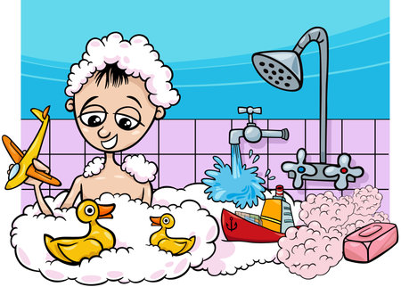 Cartoon illustration of cute little boy taking a bath with toysのイラスト素材