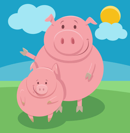 Cartoon illustration of funny pig farm animal character with pigletのイラスト素材