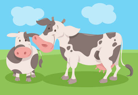 Cartoon illustration of spotted cow farm animal character with calfのイラスト素材