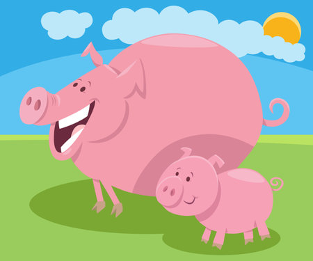 Cartoon illustration of pig mom farm animal character and little pigletのイラスト素材