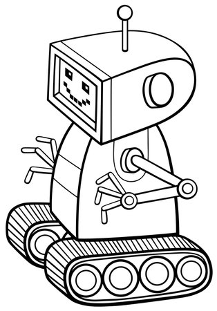 Black and white cartoon illustration of funny robot or droid fantasy character coloring book pageのイラスト素材