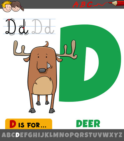 Educational cartoon illustration of letter D from alphabet with deer animal characterのイラスト素材