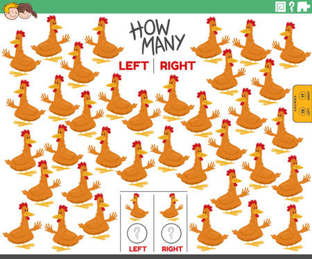 Cartoon illustration of educational task of counting left and right oriented pictures of chicken farm animal characterのイラスト素材