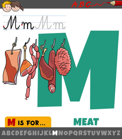 Educational cartoon illustration of letter M from alphabet with meat food objectsのイラスト素材