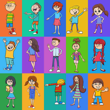 Cartoon illustration of background or pattern or decorative paper design with comic children charactersのイラスト素材