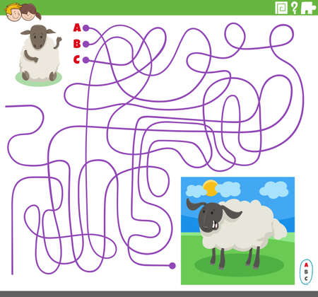 Cartoon illustration of lines maze puzzle game with comic sheep character and lambのイラスト素材