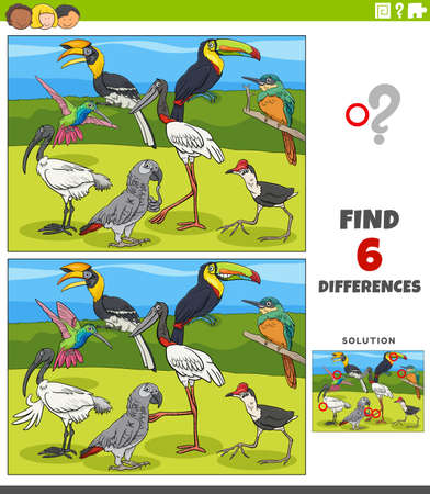 Cartoon illustration of finding the differences between pictures educational game with birds animal characters groupのイラスト素材