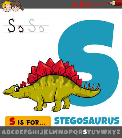 Educational cartoon illustration of letter S from alphabet with stegosaurus prehistoric animal characterのイラスト素材