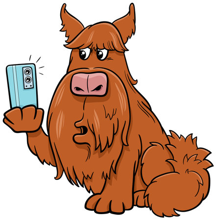 Cartoon illustration of funny dog animal character taking a selfie with smart phoneのイラスト素材
