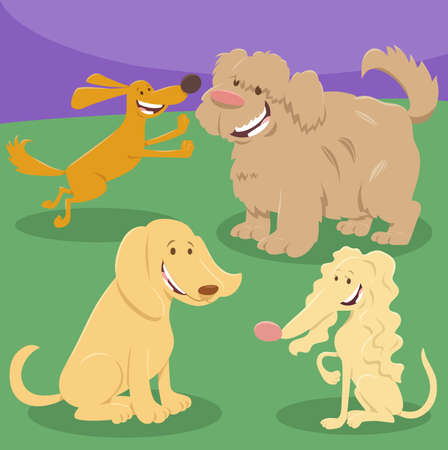 Cartoon illustration of cheerful dogs and puppies animal characters groupのイラスト素材