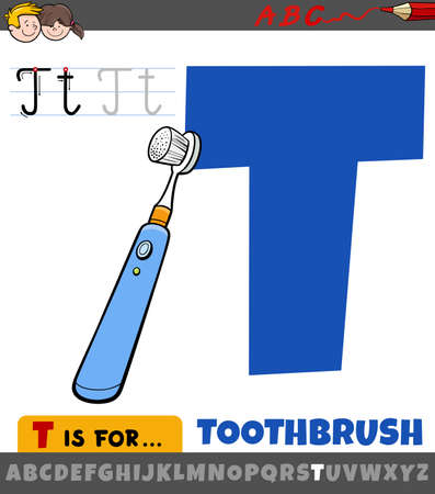Educational cartoon illustration of letter T from alphabet with toothbrush objectのイラスト素材
