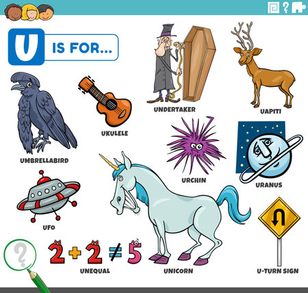 educational cartoon illustration for children with comic characters and objects set for letter Uのイラスト素材