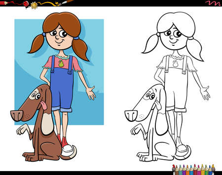 Cartoon illustration of teen girl with her dog coloring pageのイラスト素材