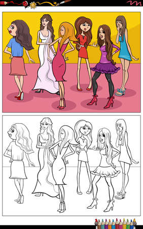 Cartoon illustration of beautiful girls or young woman characters group coloring pageのイラスト素材