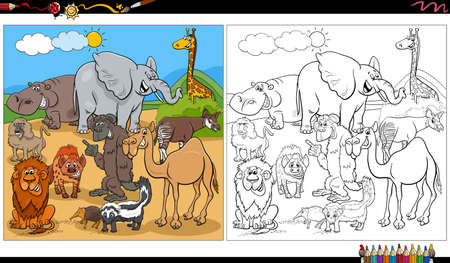 Cartoon illustration of wild animal characters group coloring pageのイラスト素材