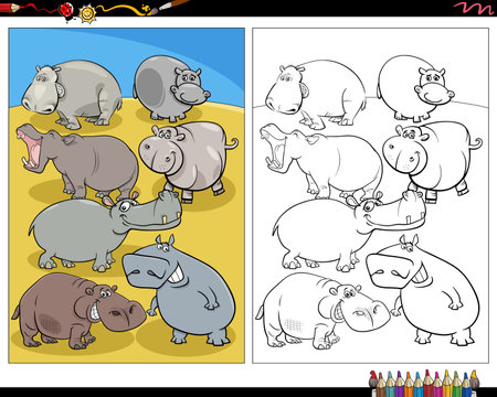 Cartoon illustration of funny hippos animal characters coloring pageのイラスト素材