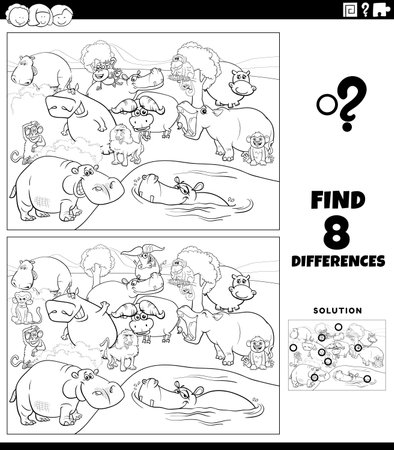 Black and white cartoon illustration of finding the differences between pictures educational game with funny wild animal characters group coloring book pageのイラスト素材