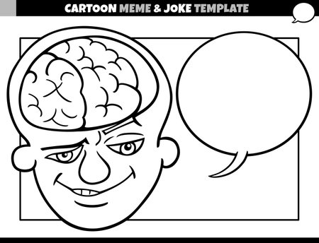 black and white cartoon illustration of meme template with blank comic speech balloon and brain manのイラスト素材